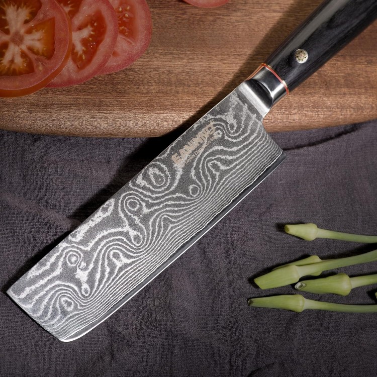 Damascus Nakiri Knife Japanese 7 inch, Asian Japan Vegetable Cleaver Professional 67 Layer VG-10 Damascus Steel Knife, Sharp Kitchen Knifes Wooden Handle