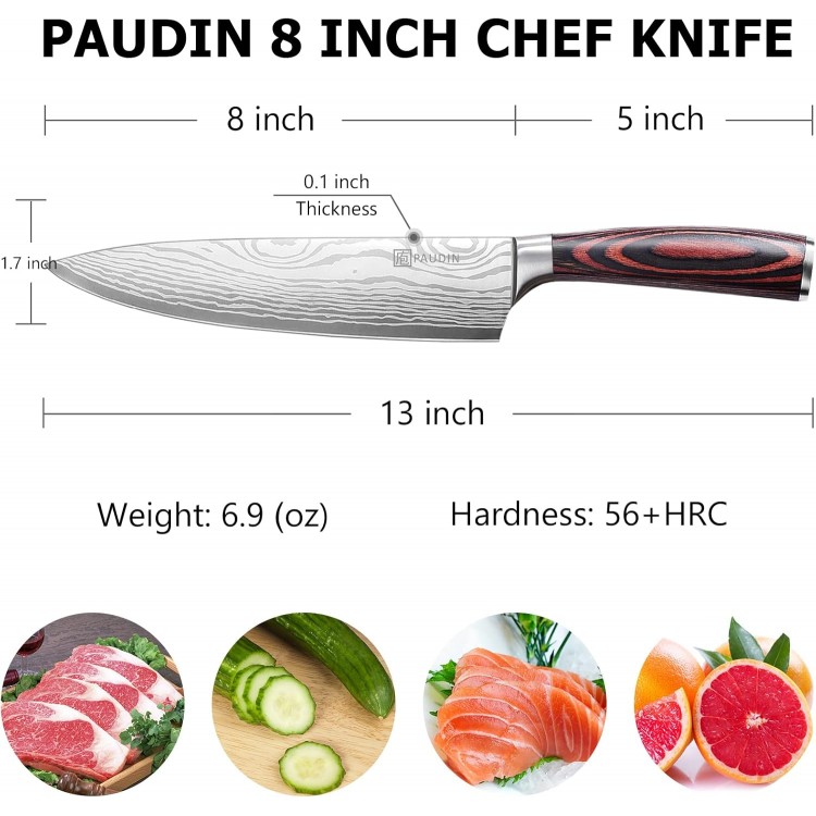 PAUDIN Chef Knife, 8 Inch High Carbon Stainless Steel Sharp Kitchen Knife with Ergonomic Handle, Gift Box for Family & Restaurant