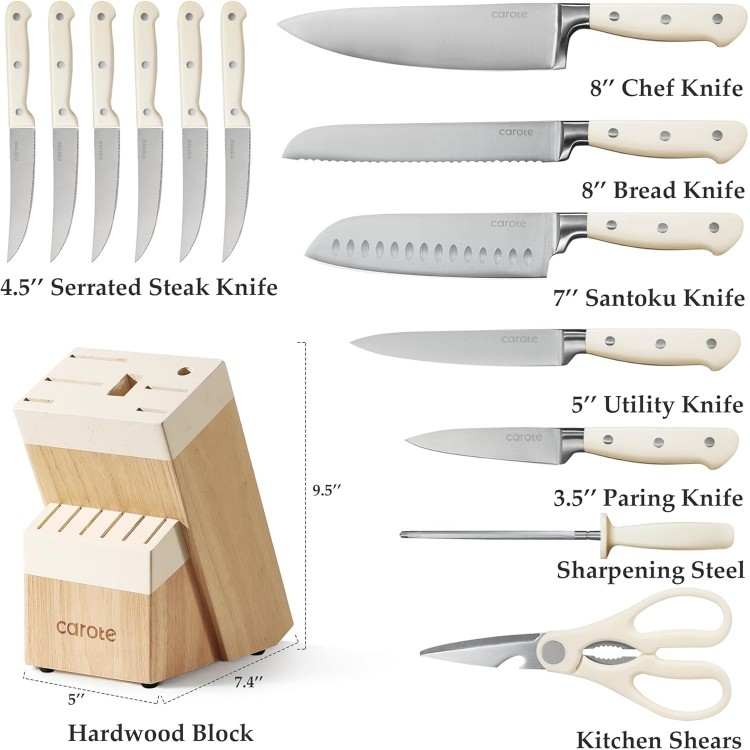 CAROTE 14 Pieces Knife Set with Block, Forged, High Carbon Stainless Steel Sharp Blade Block Knife Set, Dishwasher Safe Cutlery, Cream