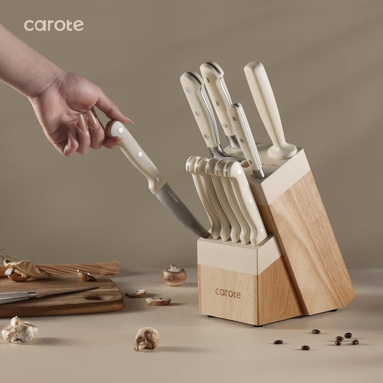 CAROTE 14 Pieces Knife Set with Block, Forged, High Carbon Stainless Steel Sharp Blade Block Knife Set, Dishwasher Safe Cutlery, Cream