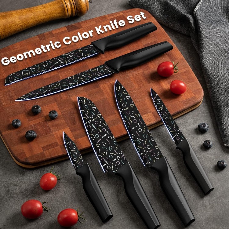 Astercook Knife Set, 12 Pcs Colorful Geometric Pattern Kitchen Knives Set, 6 Stainless Steel Chef Knife Sets with 6 Blade Guards, Dishwasher Safe, Black