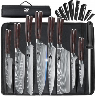 Dfito Chef Knife Sets with Roll Bag, 9 Pieces Professional Knife Set, High Carbon Stainless Steel Kitchen Chef Knife Set, Red Pakkawood Handle, Dishwasher Safe