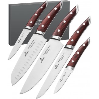 Brewin CHEFILOSOPHI Japanese Chef Knife Set 5 PCS with Elegant Red Pakkawood Handle Ergonomic Design,Professional Ultra Sharp Kitchen Knives for Cooking High Carbon Stainless Steel