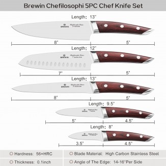 Brewin CHEFILOSOPHI Japanese Chef Knife Set 5 PCS with Elegant Red Pakkawood Handle Ergonomic Design,Professional Ultra Sharp Kitchen Knives for Cooking High Carbon Stainless Steel