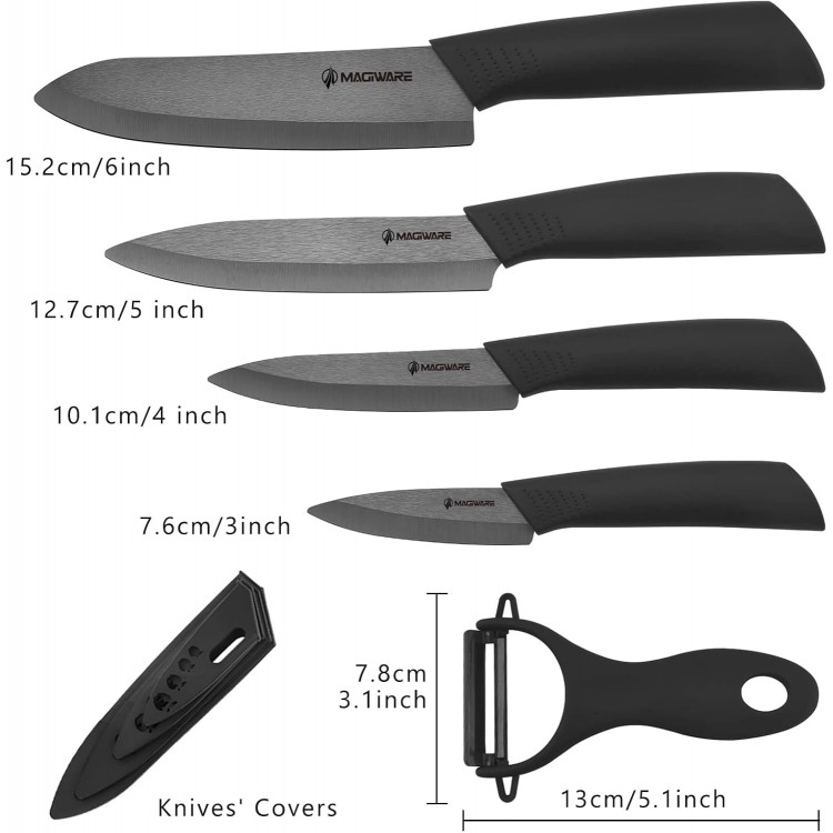 5-Piece Chef Ceramic Knife Set (4 Ceramic Knives 4 Blade Guard and 1 Peeler), Never Rust Never Oxidize Food Stain Proof