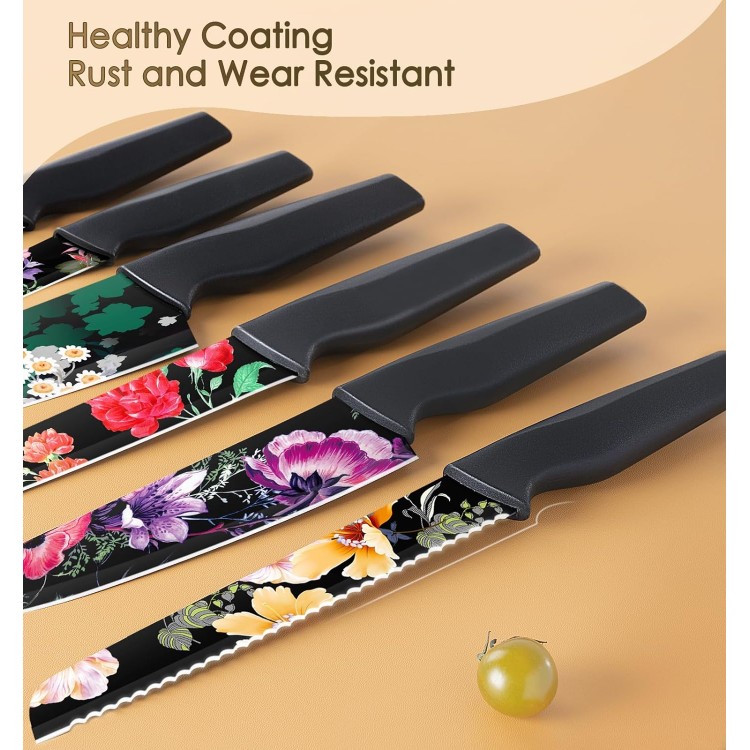 Astercook Knife Set, 12-Piece Flower Kitchen Knives Sets with Blade Guards, Dishwasher Safe, German High Carbon Stainless Steel, Perfect Gifts for Kitchen