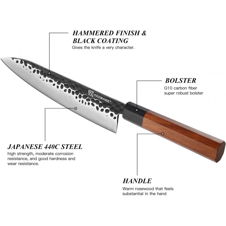 KEEMAKE Japanese Chef Knife 8 inch - Sharp Kitchen Knife with Japanese 440C Stainless Steel Blade, Porfessional Chefs Knife Rosewood Handle, Gyuto Knife with G10 Bolster