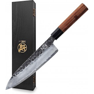 MITSUMOTO SAKARI 8 inch Japanese Gyuto Chef Knife, Professional Hand Forged Kitchen Chef Knife, 3 Layers 9CR18MOV High Carbon Meat Sushi Knife (Rosewood Handle & Sandalwood Box)