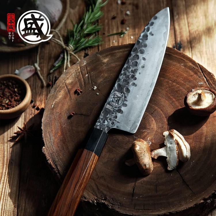 MITSUMOTO SAKARI 8 inch Japanese Gyuto Chef Knife, Professional Hand Forged Kitchen Chef Knife, 3 Layers 9CR18MOV High Carbon Meat Sushi Knife (Rosewood Handle & Sandalwood Box)