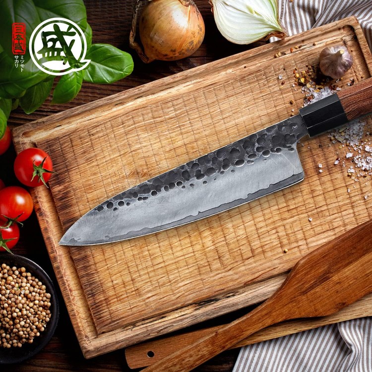 MITSUMOTO SAKARI 8 inch Japanese Gyuto Chef Knife, Professional Hand Forged Kitchen Chef Knife, 3 Layers 9CR18MOV High Carbon Meat Sushi Knife (Rosewood Handle & Sandalwood Box)