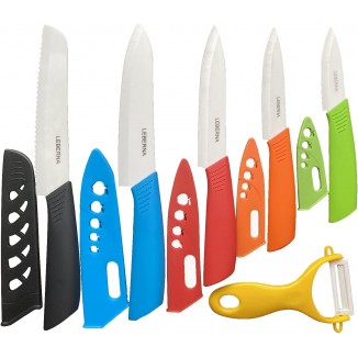 Ceramic Knife Set Ceramic Knives Set for Kitchen Ceramic Kitchen Knives Colored w Sheath 6 Bread Knife 6 Chef Knife 5 Utility Knife 4 Fruit Knife 3 Paring Knife 1 Peeler Colorful Rust Free Proof