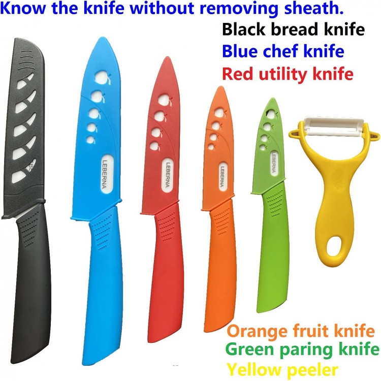 Ceramic Knife Set Ceramic Knives Set for Kitchen Ceramic Kitchen Knives Colored w Sheath 6 Bread Knife 6 Chef Knife 5 Utility Knife 4 Fruit Knife 3 Paring Knife 1 Peeler Colorful Rust Free Proof