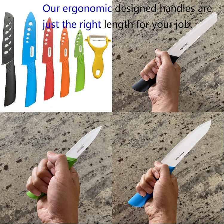 Ceramic Knife Set Ceramic Knives Set for Kitchen Ceramic Kitchen Knives Colored w Sheath 6 Bread Knife 6 Chef Knife 5 Utility Knife 4 Fruit Knife 3 Paring Knife 1 Peeler Colorful Rust Free Proof