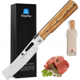 Folding Chef Knife 4.8” Ultra Sharp 440A Stainless Steel Blade Natural Olive Handle Pocket Foldable Japanese Style Kitchen Knife for Outdoor Camping BBQ trip Cooking