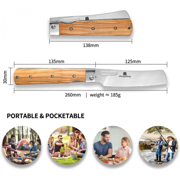 Folding Chef Knife 4.8” Ultra Sharp 440A Stainless Steel Blade Natural Olive Handle Pocket Foldable Japanese Style Kitchen Knife for Outdoor Camping BBQ trip Cooking