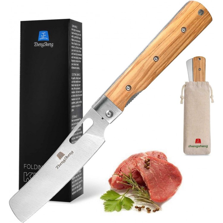 Folding Chef Knife 4.8” Ultra Sharp 440A Stainless Steel Blade Natural Olive Handle Pocket Foldable Japanese Style Kitchen Knife for Outdoor Camping BBQ trip Cooking