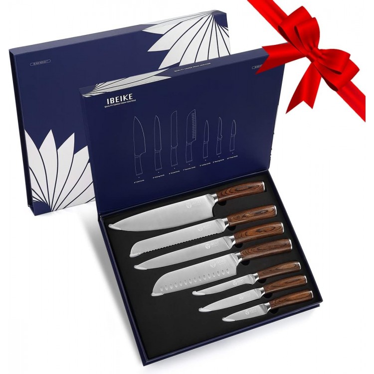 7-Piece Kitchen Knife Set, Professional Japanese Kitchen Knives, High Carbon Stainless Steel Sharp Blades with Well Balanced and Ergonomic Wood Handle for Chef Knife Set