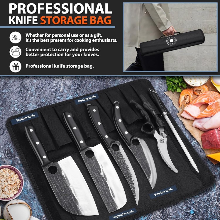 TIVOLI Professional Butcher Knife Set for Meat Processing, 7Pcs High Carbon Steel Hand Forged BBQ Knife Set, Serbian Chef Knife Set with Ergonomic Handles for Kitchen Outdoor Cooking Father's Day Gift