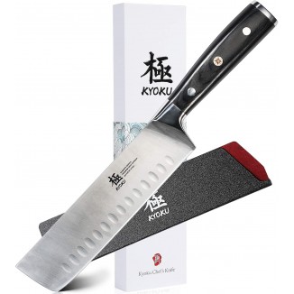 KYOKU Samurai Series - Nakiri Japanese Vegetable Knife 7 - Full Tang - Japanese High Carbon Steel Kitchen Knives - Pakkawood Handle with Mosaic Pin - with Sheath & Case