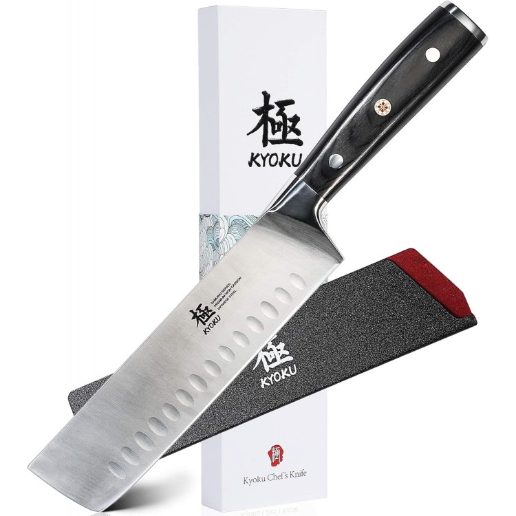 KYOKU Samurai Series - Nakiri Japanese Vegetable Knife 7 - Full Tang - Japanese High Carbon Steel Kitchen Knives - Pakkawood Handle with Mosaic Pin - with Sheath & Case