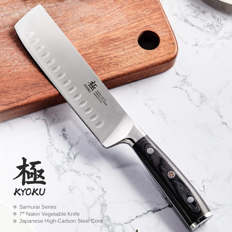 KYOKU Samurai Series - Nakiri Japanese Vegetable Knife 7 - Full Tang - Japanese High Carbon Steel Kitchen Knives - Pakkawood Handle with Mosaic Pin - with Sheath & Case