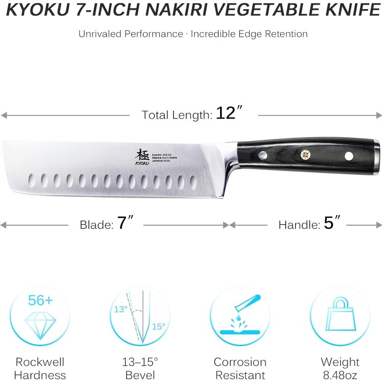 KYOKU Samurai Series - Nakiri Japanese Vegetable Knife 7 - Full Tang - Japanese High Carbon Steel Kitchen Knives - Pakkawood Handle with Mosaic Pin - with Sheath & Case