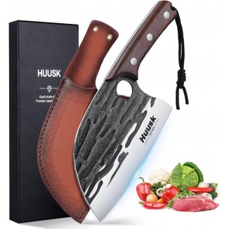 Huusk Japan Knives, Upgraded Serbian Chef Knife Japanese Meat Cleaver Knife for Meat Cutting Forged Butcher Knife with Sheath Full Tang Kitchen Chopping Knife for Home, Outdoor Cooking, Camping