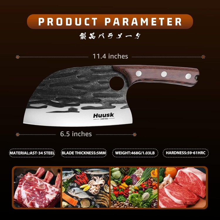 Huusk Japan Knives, Upgraded Serbian Chef Knife Japanese Meat Cleaver Knife for Meat Cutting Forged Butcher Knife with Sheath Full Tang Kitchen Chopping Knife for Home, Outdoor Cooking, Camping