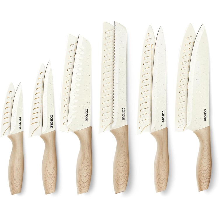 CAROTE 12PCS Knife set with Blade Guards,Granite Nonstick Ceramic Coating,Stainless Steel blade, Wooden Handle, Essential knife set,White