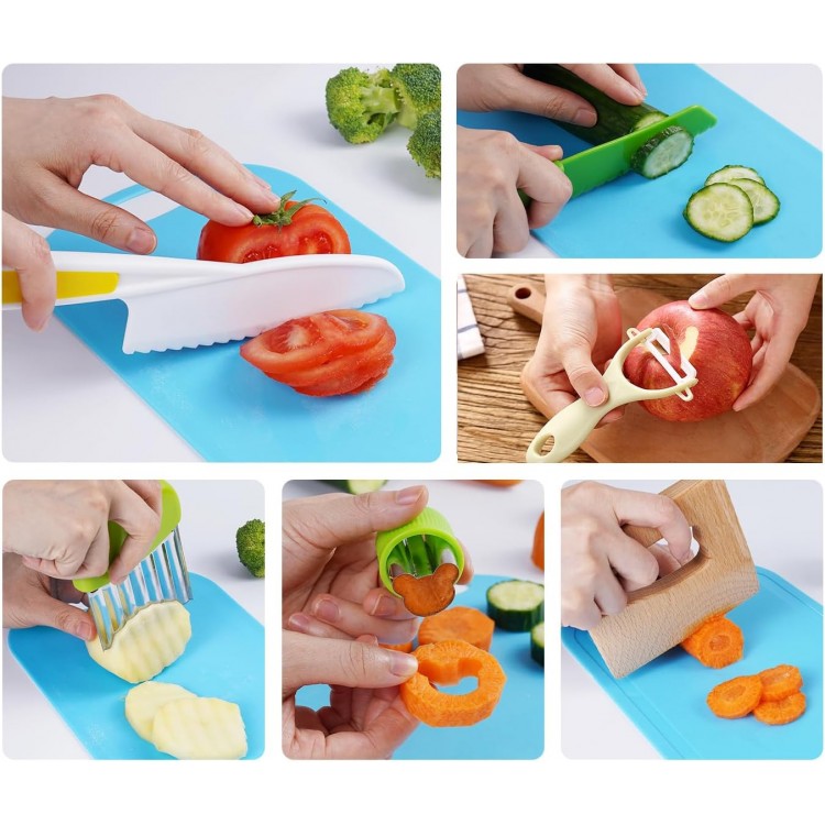 Kids Knives Set for Real Cooking - Toddler Knife Set with Cutting Board, Kids Safe Knife, Peeler, Plastic Potato Slicers, Fruit Cutters and Fork Picks for Kitchen