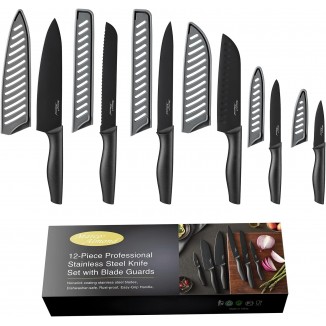 Marco Almond Kitchen Knife Set, KYA38 12-Piece Kitchen Knives Set with Covers, 6 Knives with 6 Blade Guards, Stainless Steel Cooking Knives Set for Kitchen, Black