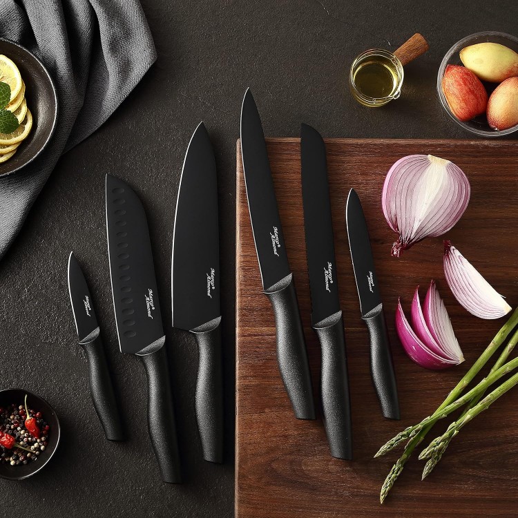 Marco Almond Kitchen Knife Set, KYA38 12-Piece Kitchen Knives Set with Covers, 6 Knives with 6 Blade Guards, Stainless Steel Cooking Knives Set for Kitchen, Black