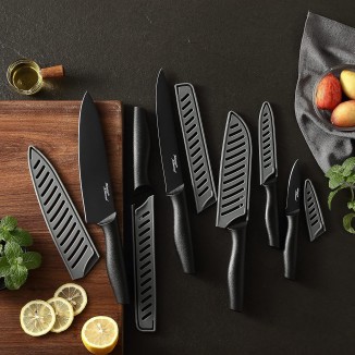 Marco Almond Kitchen Knife Set, KYA38 12-Piece Kitchen Knives Set with Covers, 6 Knives with 6 Blade Guards, Stainless Steel Cooking Knives Set for Kitchen, Black