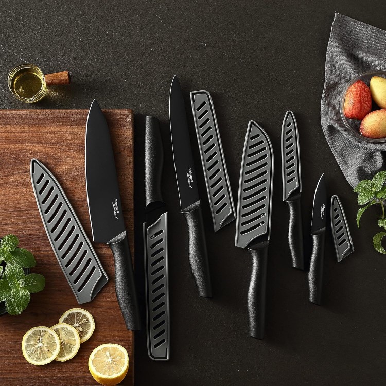 Marco Almond Kitchen Knife Set, KYA38 12-Piece Kitchen Knives Set with Covers, 6 Knives with 6 Blade Guards, Stainless Steel Cooking Knives Set for Kitchen, Black