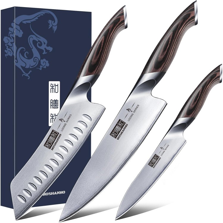 3 Pieces Knife Set, Professional Japanese AUS-10 Stainless Steel Kitchen Knife Set, Ultra Sharp Chef Knives Sets with Ergonomic Pakkawood Handle