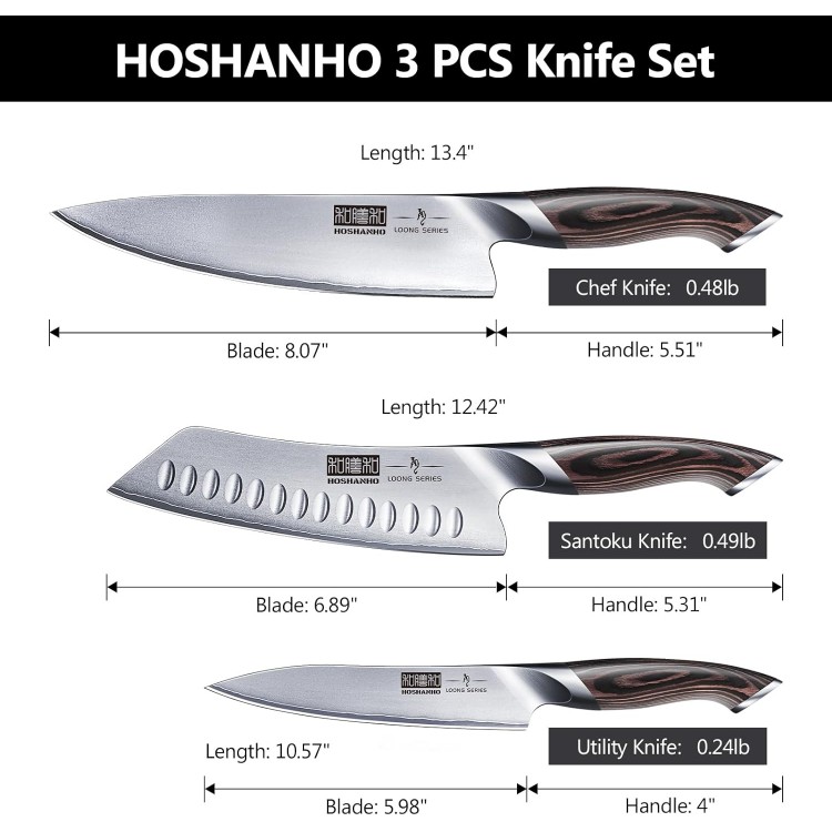 3 Pieces Knife Set, Professional Japanese AUS-10 Stainless Steel Kitchen Knife Set, Ultra Sharp Chef Knives Sets with Ergonomic Pakkawood Handle