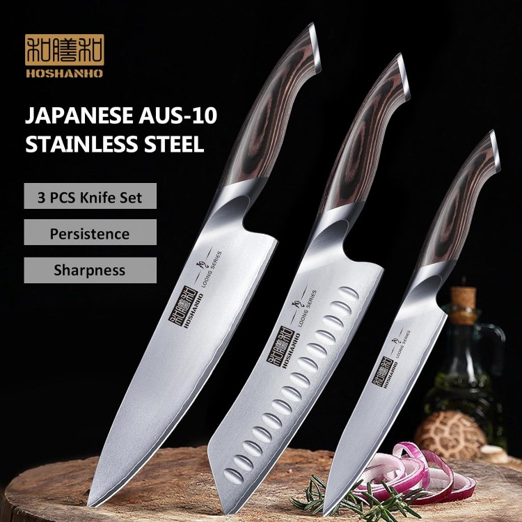 3 Pieces Knife Set, Professional Japanese AUS-10 Stainless Steel Kitchen Knife Set, Ultra Sharp Chef Knives Sets with Ergonomic Pakkawood Handle