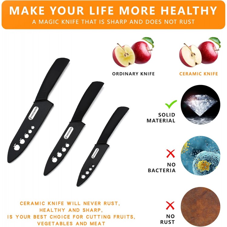 Classic 3PCS Ceramic Knife Set with Cover, Super Sharp Never Rust Healthy (6 Ceramic Chef Knife, 5 Solution Knife，4 Classic Paring Knife)