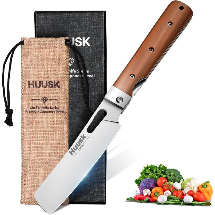 Huusk Folding Nakiri Knife for Meat, Japanese Pocket Chef Knife with 440C Stainless Steel Ultra Sharp Blade,Portable kitchen knife for BBQ Trip Outdoor, Thanksgiving Gift