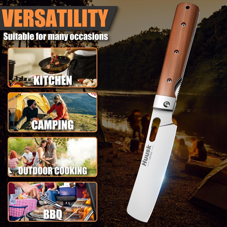 Huusk Folding Nakiri Knife for Meat, Japanese Pocket Chef Knife with 440C Stainless Steel Ultra Sharp Blade,Portable kitchen knife for BBQ Trip Outdoor, Thanksgiving Gift