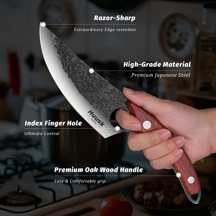 Huusk Viking Knives Hand Forged Boning Knife Full Tang Japanese Chef Knife with Sheath Butcher Meat Cleaver Japan Kitchen Knife for Home, Outdoor, Camping Thanksgiving Christmas Gift