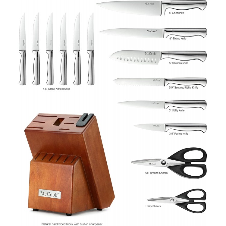 McCook Knife Sets, German Stainless Steel Kitchen Knife Block Sets with Built-in Sharpener