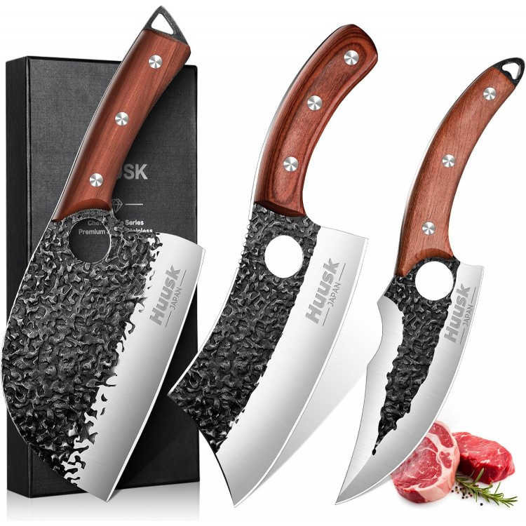 Huusk Butcher Knife Set Hand Forged Serbian Chef Knife Viking Boning Knife Cleaver Knife 3PCS Kitchen Knife Set for Meat Cutting Home & Outdoor Cooking BBQ Knives Gift for Men