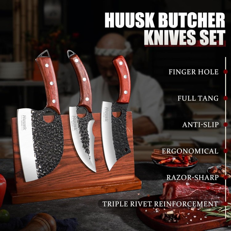 Huusk Butcher Knife Set Hand Forged Serbian Chef Knife Viking Boning Knife Cleaver Knife 3PCS Kitchen Knife Set for Meat Cutting Home & Outdoor Cooking BBQ Knives Gift for Men