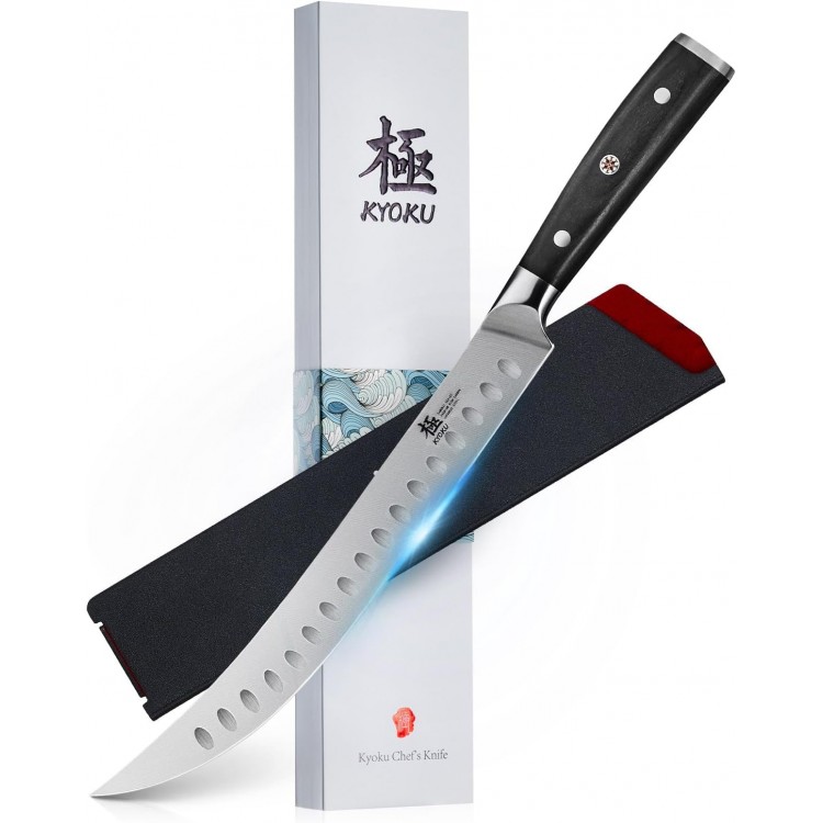 KYOKU 10 Scimitar Knife, Samurai Series Cimitar Breaking Knife with Pakkawood Handle, Japanese High Carbon Steel Butcher Knife, Full Tang Meat Slicing Knife for Roast Ham Poultry with Sheath and Case