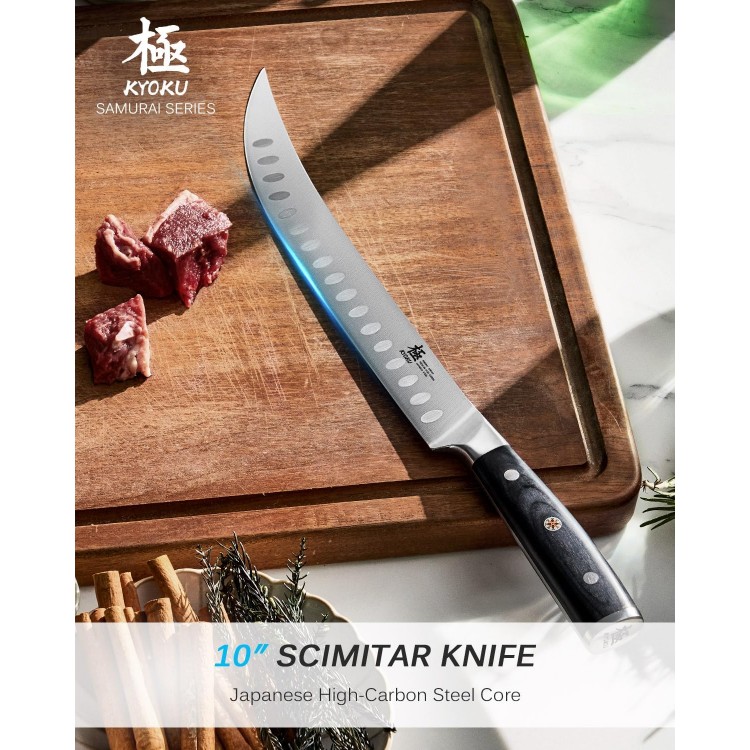 KYOKU 10 Scimitar Knife, Samurai Series Cimitar Breaking Knife with Pakkawood Handle, Japanese High Carbon Steel Butcher Knife, Full Tang Meat Slicing Knife for Roast Ham Poultry with Sheath and Case