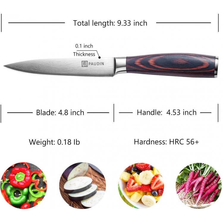 PAUDIN Utility Knife, 5 Inch Chef Knife, Ultra Sharp High Carbon Stainless Steel Paring Knife, Multipurpose Kitchen Knife for Fruit and Vegetable Cutting with Wooden Handle, Premium Gift Box