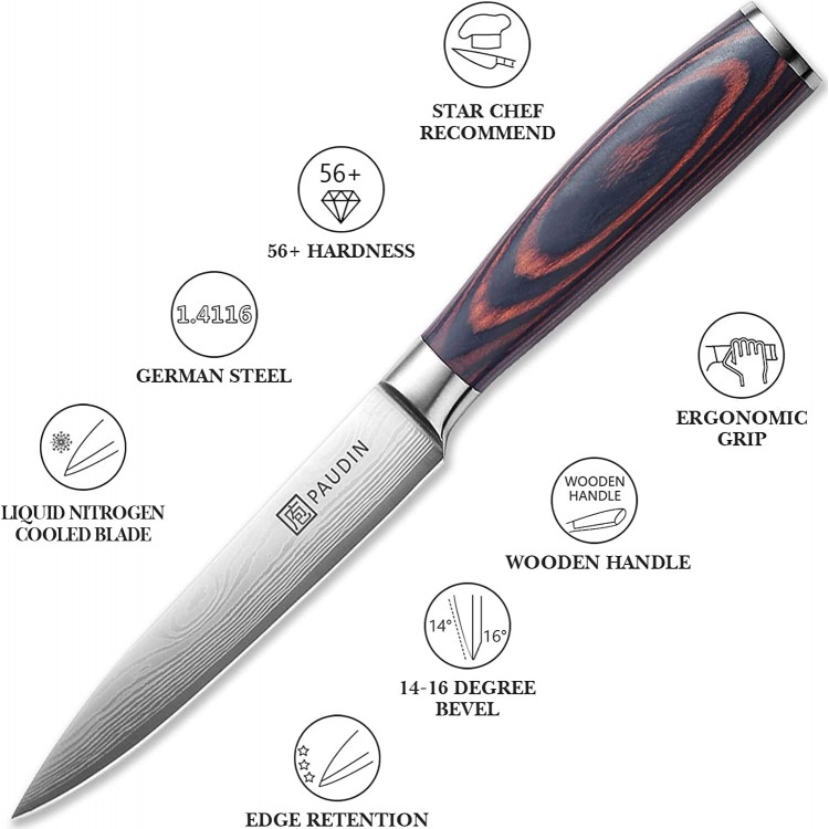 PAUDIN Utility Knife, 5 Inch Chef Knife, Ultra Sharp High Carbon Stainless Steel Paring Knife, Multipurpose Kitchen Knife for Fruit and Vegetable Cutting with Wooden Handle, Premium Gift Box