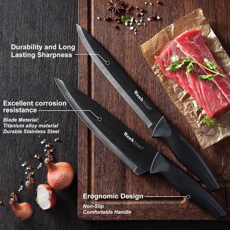 Wanbasion Black Stainless Steel Knife Set, Sharp Kitchen Knife Set Professional, Kitchen Knife Set Dishwasher Safe with Covers for Cooking