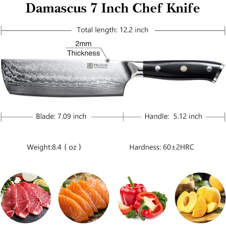 PAUDIN Nakiri Knife 7'', Damascus Chef Knife, Japanese VG-10 Stainless Steel, Kitchen Knife with G10 Full Tang Handle, Razor Sharp 67-Layer Forged Blade